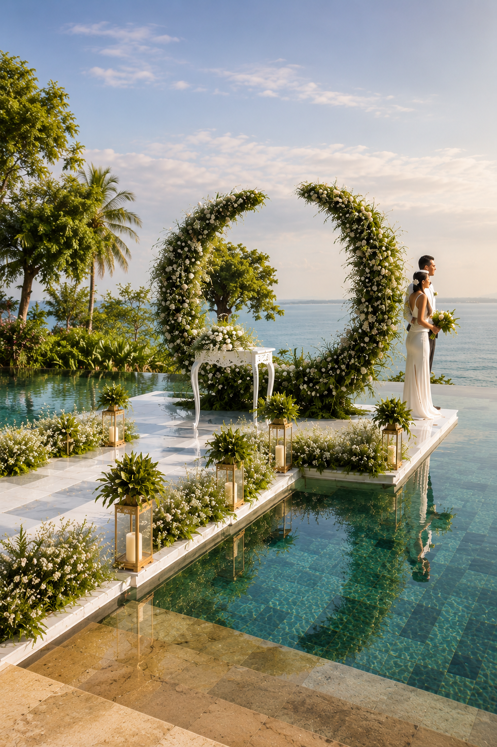 Couple at a cliffside Bali wedding overlooking the ocean at sunset